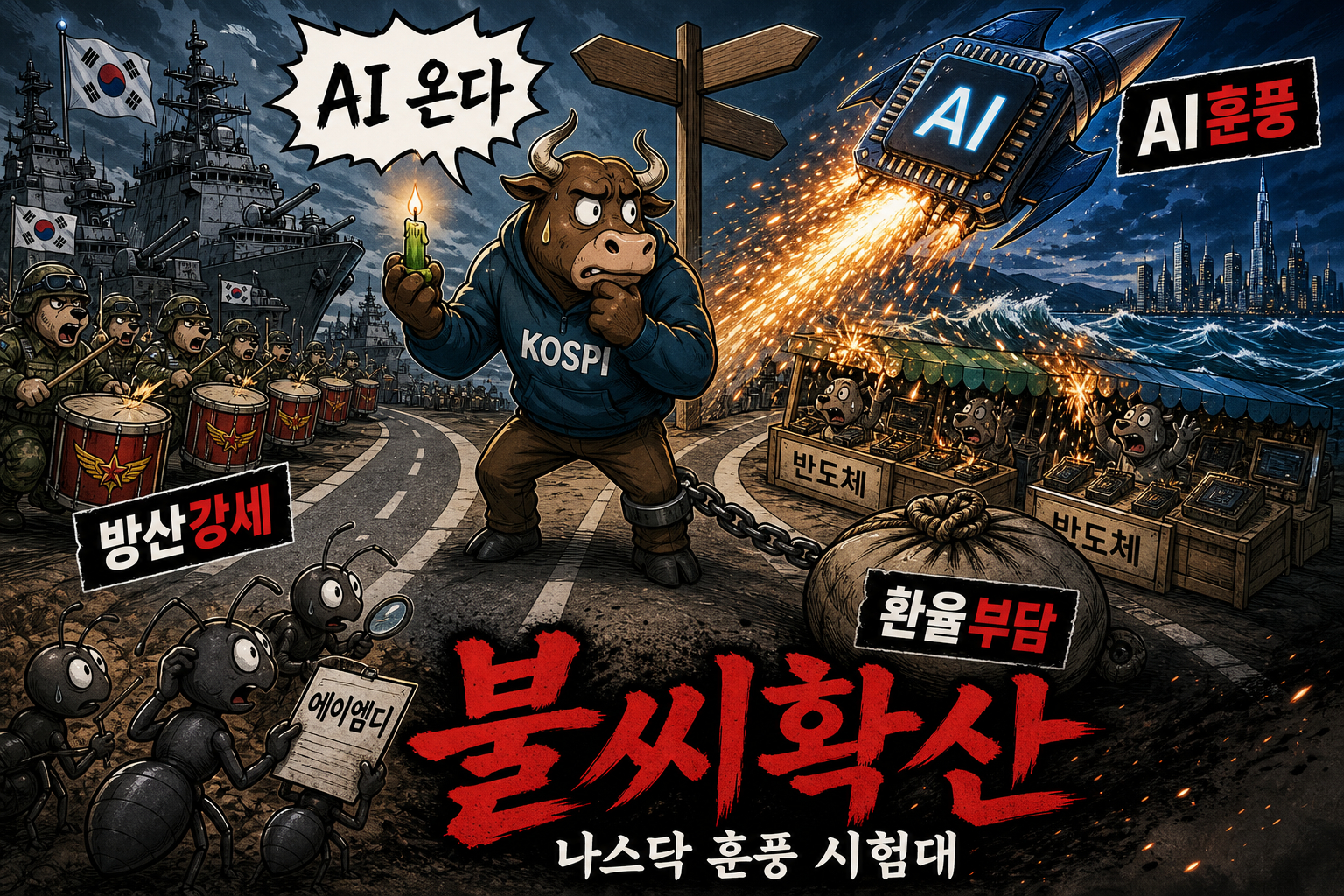 나스닥 훈풍 앞 코스피 갈림길 만평